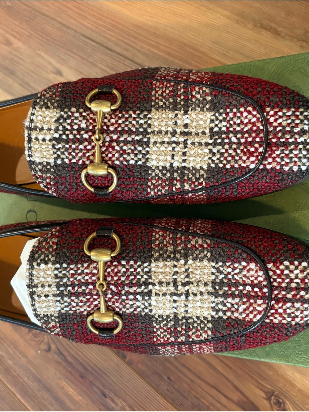 Gucci Red, Brown & Cream Plaid Horsebit Loafers